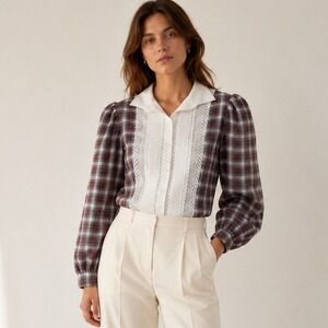 Vintage 70s Circle T Lace Plaid Prairie Blouse L Pintuck Puff Sleeve Cottagecore